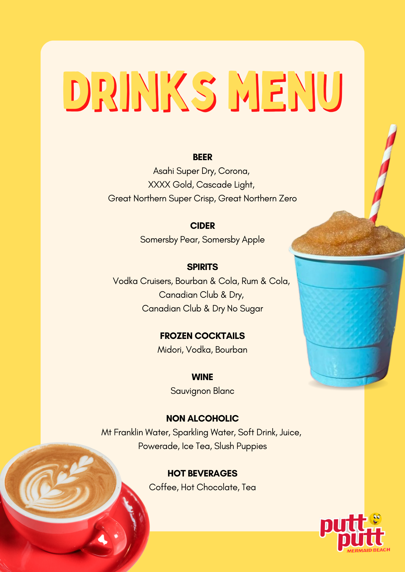 19th Hole Drinks Menu at Putt Putt Mermaid Beach